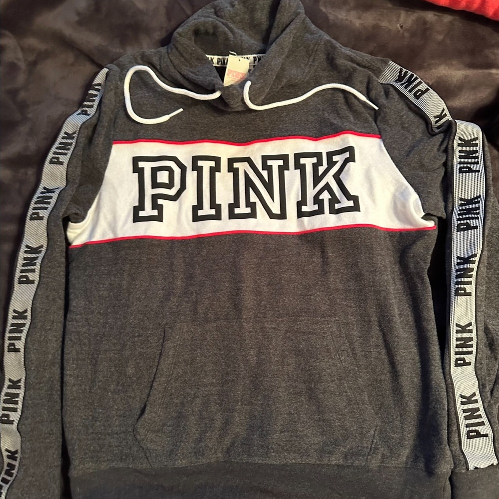 NWT PINK Victoria’s Secret size Medium gray white and red jogger sweatshirt - Picture 1 of 1